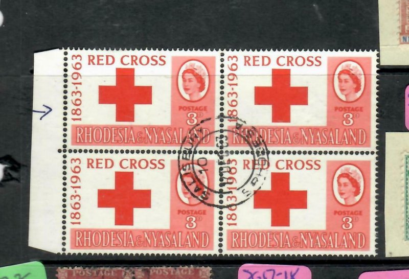 RHODESIA & NYASALAND  (P1106B) QEII  RED CROSS 3D BL OF 4, UL STAMP LINE BY 3 VF