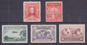 Australia Sc 104, 150, C1, C2, C5 MLH. 1930-37 Issues, 5 cplt Sets VF