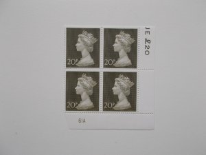 1970 20p Machin High Value in Plate Block of 4 (Plate 61A) on Contractor's Paper