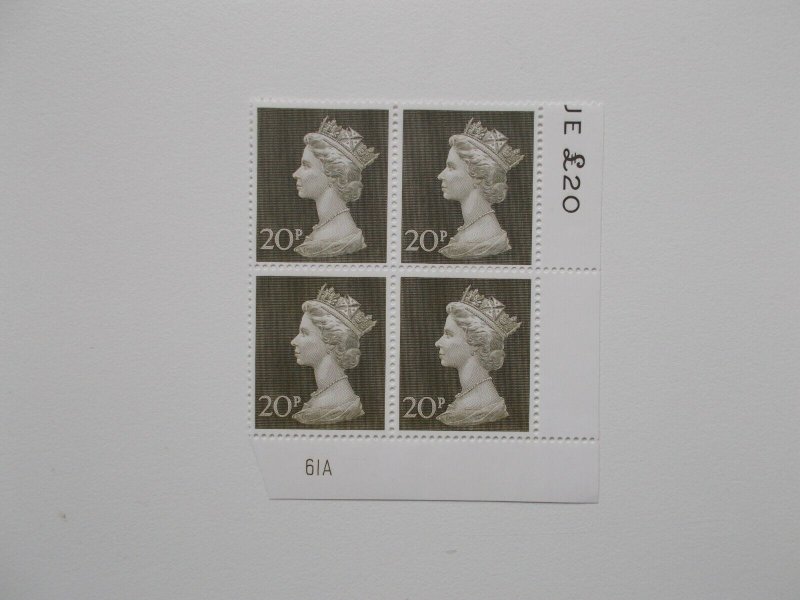 1970 20p Machin High Value in Plate Block of 4 (Plate 61A) on Contractor's Paper