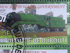 DJIBOUTI-2010 WORLD FAMOUS LOCO MOTIVE TRAINS CTO SHEET VF-WITH FANCY CANCEL