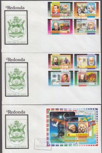 REDONDA #RED007=8 SETof 3 FDC  8 STAMPS + 1 S/S ALL NOBEL PRIZE WINNERS