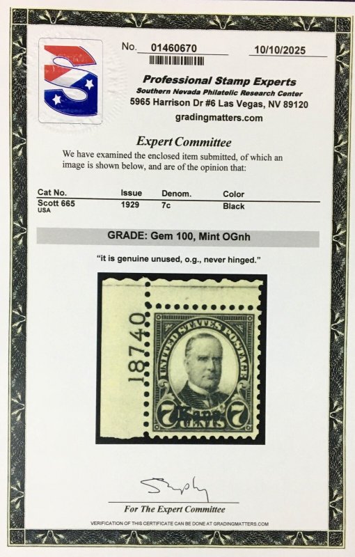 MOMEN: US STAMPS #665 PLATE SINGLE MINT OG NH PSE GRADED CERT GEM-100 LOT #95495