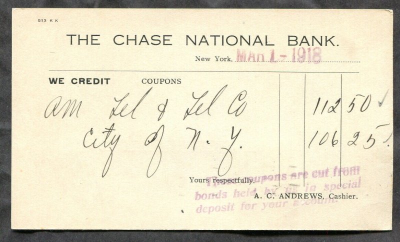 3997 - USA 1918 Uprated Postal Card. PERFIN  CNB  Chase National Bank New York