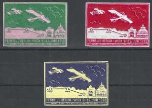 Berlin - Vienna Flight, June 9-12, 1912, Set of 3 Embossed Germany Poster Stamps