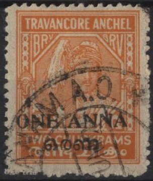 India: Travancore-Cochin 4 (used) 1a on 2ch Rama Varma XVII, orange (1949)