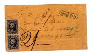 Scott 69 vertical pair on cover to Balaugh, Ireland marked Short Paid