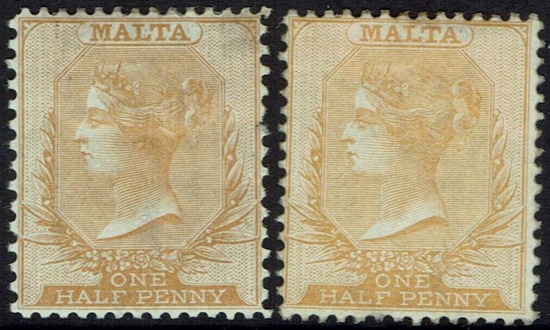 MALTA 1863 QV ½D 2 SHADES WMK CROWN CC PERF 14 