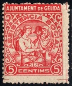 1937 Spain Civil War Charity Poster Stamp Gelida 5 Centavos Social Assistance