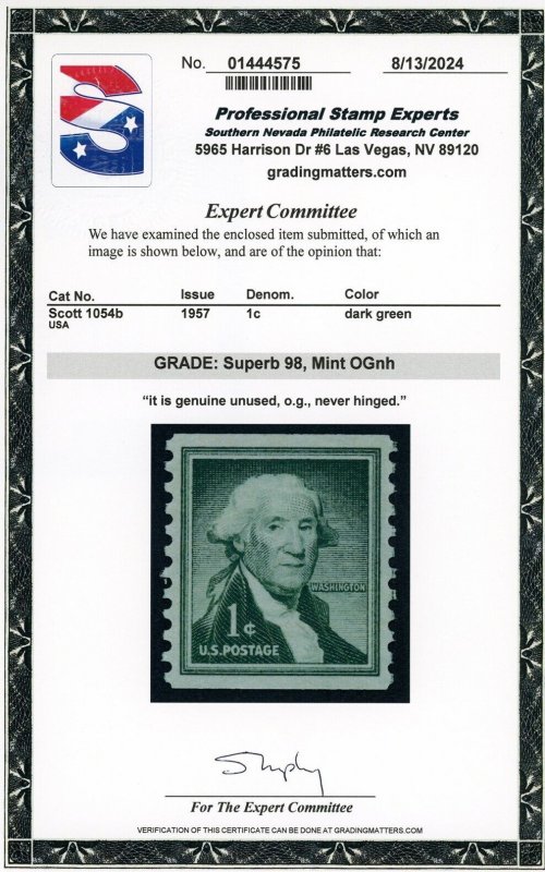 US Stamp #1054b Washington 1c - PSE Cert - Superb 98 - MNH- SMQ $55.00
