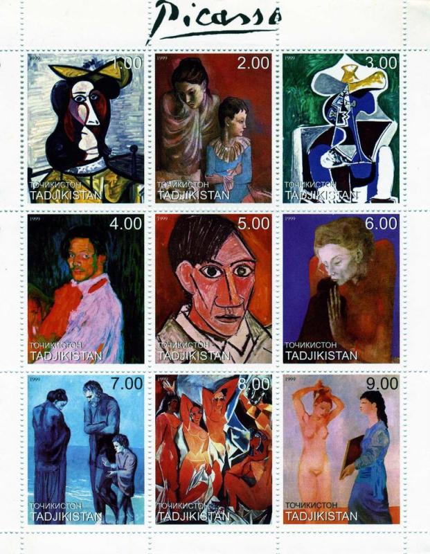 Tajikistan 1999 PABLO PICASSO Paintings Sheet (9) perforated Mint (NH)