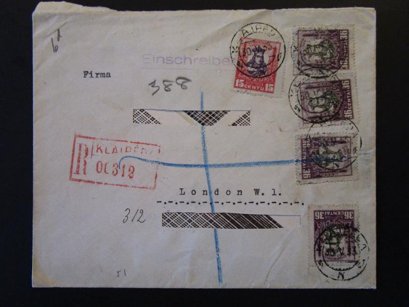 Lithuania 1933 Registered Cover to London / Address Cut Out - Z5387 