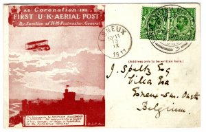GB PIONEER AVIATION First UK Air Mail FDC Flown Special Card 1911 BELGIUM JL101 