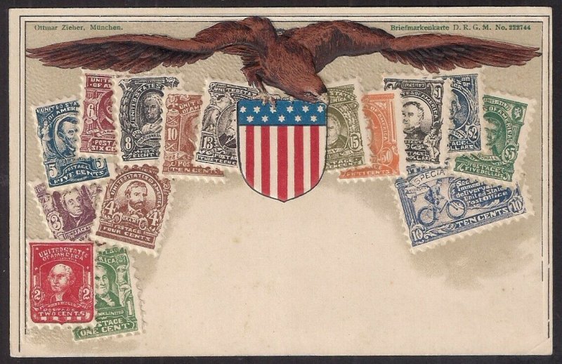 ISSUE OF 1902 ZIEHER STAMP CARD Post Card w embossed images of US postage repros