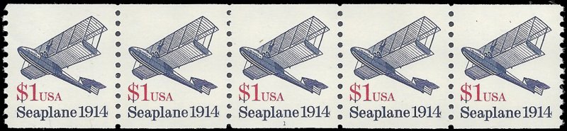 #2468 $1.00 Seaplane 1914  PNC Strip of 5 #1 1990 Mint NH Ink Smear