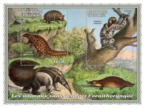 Togo 2021 MNH Wild Animals Stamps Animals Without Teeth & Platypus 2v S/S