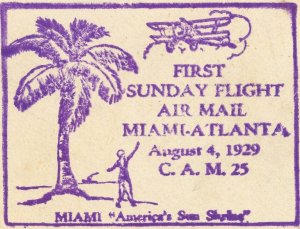 CAM25 First Sunday Flight Miami Atlanta 1929 Airmail Cover 5c Postage #C11 USA