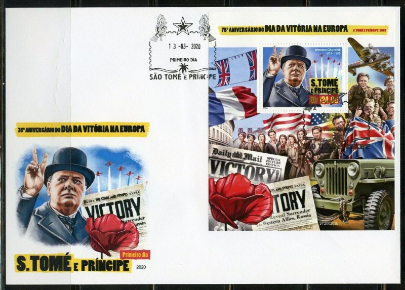 SAO TOME 2020 75th ANNIVERSARY VE-DAY CHURCHILL SOUVENIR SHEET FIRST DAY COVER 