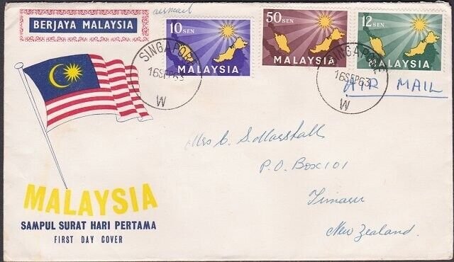 MALAYSIA USED IN SINGAPORE 1963 Federation FDC to New Zealand...............x561 