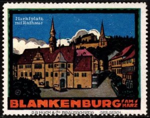 Vintage Germany Poster Stamp Blankenburg (Harz) Marketplace With Town Hall