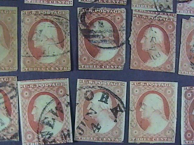 U.S.# 10-11 X 42 pieces-USED-MANY SHADES & CANCELS--WASHINGTON--1851-55