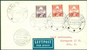 GREENLAND Wow. 16.01a DANEBORG in purple, 1953, on Airmail cover to Denmark, VF