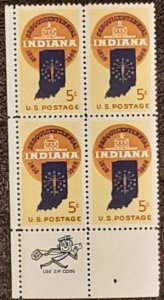 US Scott # 1308; MNH,og 5c Indiana issue ,1966; blk of 4;VF Centering