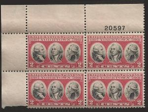 # 703 MNH - Plate Block - SCV-4.00 - CARMINE ROSE AND BLACK - YORKTOWN  