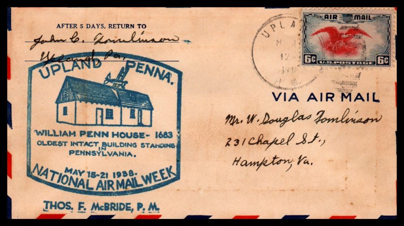 US Upland,PA National Airmail Week 1938 Cover