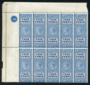Antigua 1870 4d Stamp Duty Plate Block of 10 U/M (some very light ageing) 