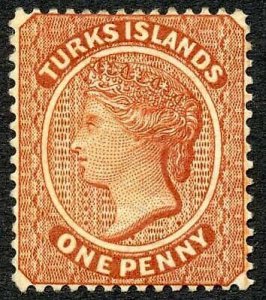 Turks and Caicos SG55 1d Orange-brown Wmk Crown CA (reversed) m/m Cat 100 pounds