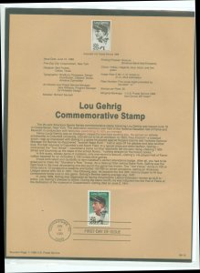 US SP854 1989 25c lou gehrig commemorative stamps, 2417 witth first day cancel on official usps souv. page FDC