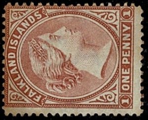 FALKLAND ISLANDS QV 1885-91 1d PALE CLARET UNUSED (MH) SG7 Wmk.C CA Sway P14 FC