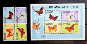 BAHAMAS Sc 539-42+542a NH SET+S/S OF 1983 - BUTTERFLIES