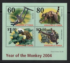 Thematic stamps TONGA 2004 YEAR OF THE MONKEY sheet of 4 vals mint