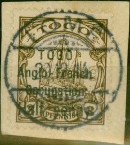 Togo 1914 3PF Brown SGH14 Type 3 Narrow Setting V.F.U on Small Piece Scarce