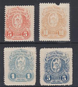 Argentina, Salta, Ley de Multas, Forbin 26/32 mint 1910 Fiscals, 4 different