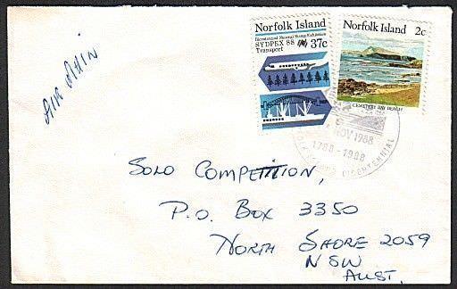 NORFOLK IS 1988 cover to Australia Bicentenary commem pmk..................75737