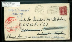 3c surface rate RCN to CEYLON 1942 scarce POST OFFICE MARITIME MAIL Canada cover