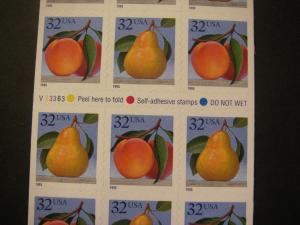 Scott 2494a, 29c Peach & Pear, Pane of 20, #V33363, Type C, BE, MNH Booklet