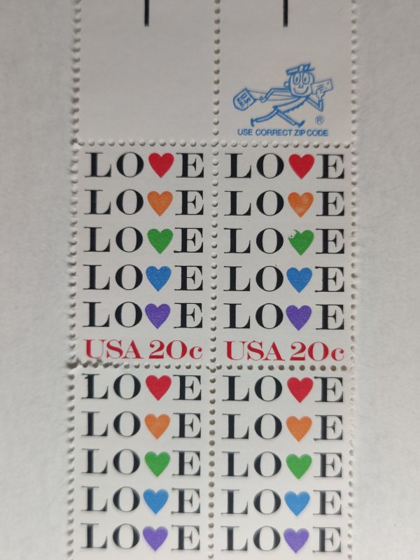 SCOTT #2072 BLOCK OF 4 LOVE LOVE LOVE ZIP TWENTY CENT MINT NEVER HINGED