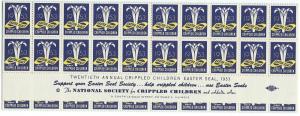 United States  Full sheet of 100 Easter Seals from 1953