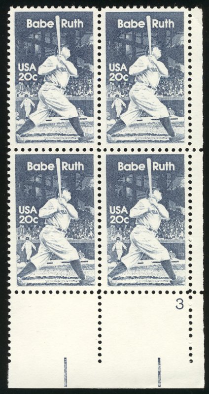 US #2046 Babe Ruth, Baseball great,  VF/XF mint never hinged, Plate BLOCK, st...