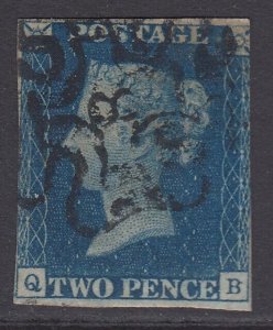 Number ‘8’ in Maltese cross on 1840 2d blue plate 2 lettered QB. Full margin... 