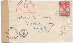 Acra, Gold Coast to Verona, NY 1942 Gold Coast censor Ty 1A, Sc 2 ... (C5628)