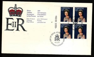 Canada-Sc#704-QEII Silver Jubilee-LL plate block on FDC-1977-