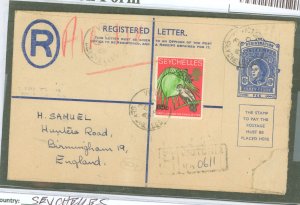 Seychelles  1967 QE II 40c reg env. G, from Victoria, tear in flap at lower right