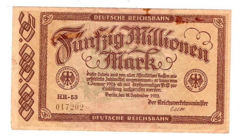 Germany 1923 Inflationary 50 Million Reichsmarks Banknote