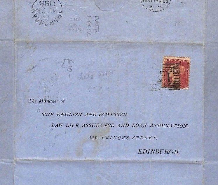 GAP36 1860 GB POSTMARKS Ardrossan Date Error YEAR*0186* Penny Red Cover Scotland