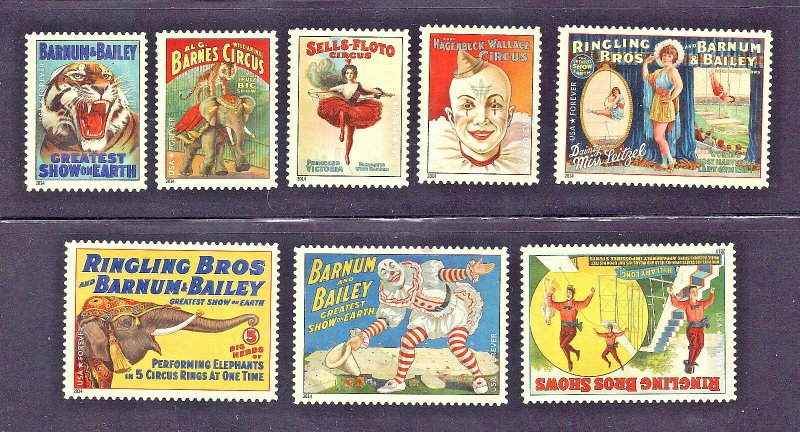 4898-4905 Vintage Circus Posters 2014 (All 8 Singles with CLEAR PERFs)  - MNH